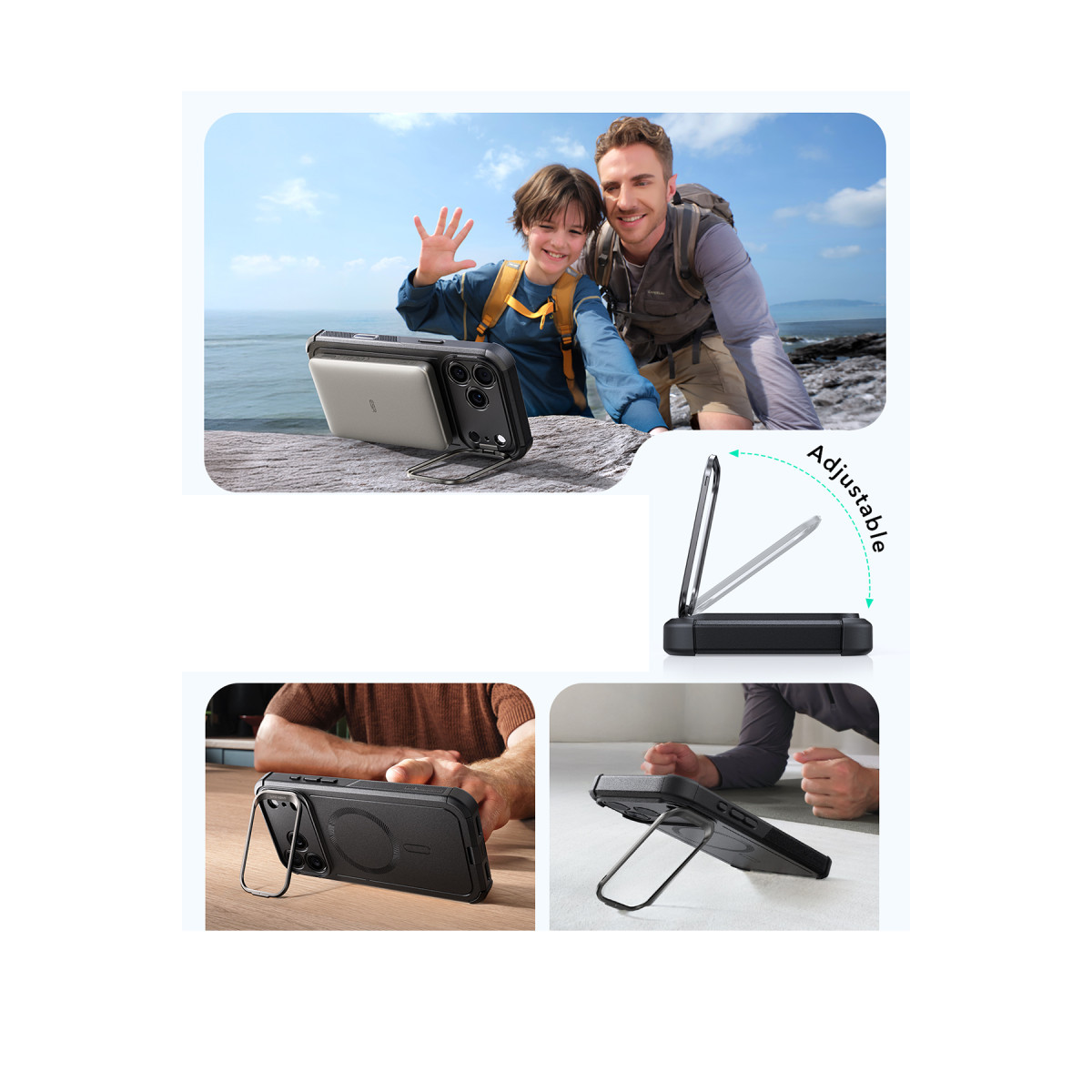 Çeşitli kullanım senaryolarında gösterilen, entegre ayarlanabilir standlı telefon kılıfı.