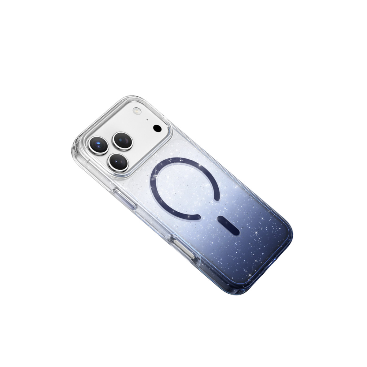 Arkasında MagSafe halkası bulunan, parıltılı koyu maviden şeffafa akıllı telefon kılıfı.