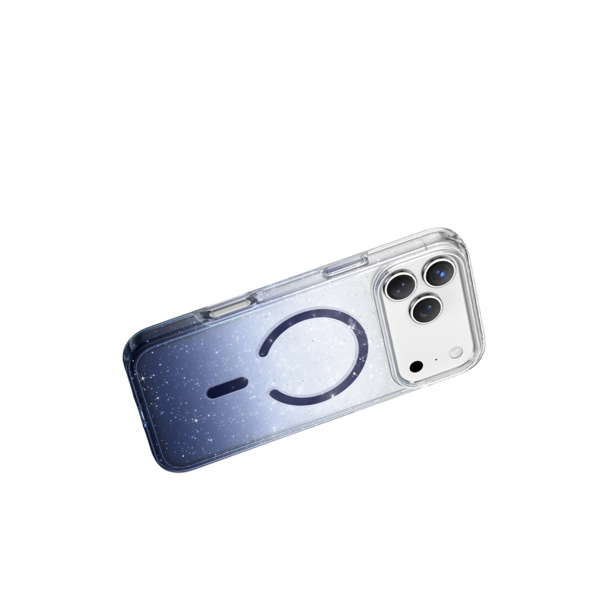 MagSafe halkalı ve kamera kesikli parıltılı mavi beyaz akıllı telefon kılıfı.