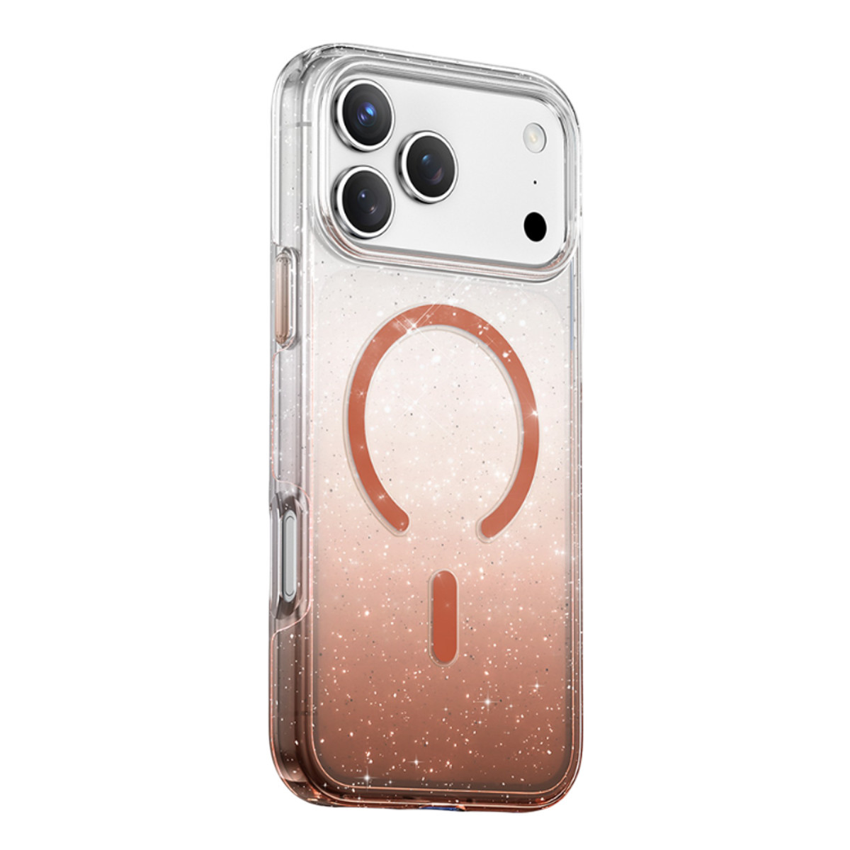 Bir iPhone'un arkasında parıltılı pembe altın MagSafe telefon kılıfı.