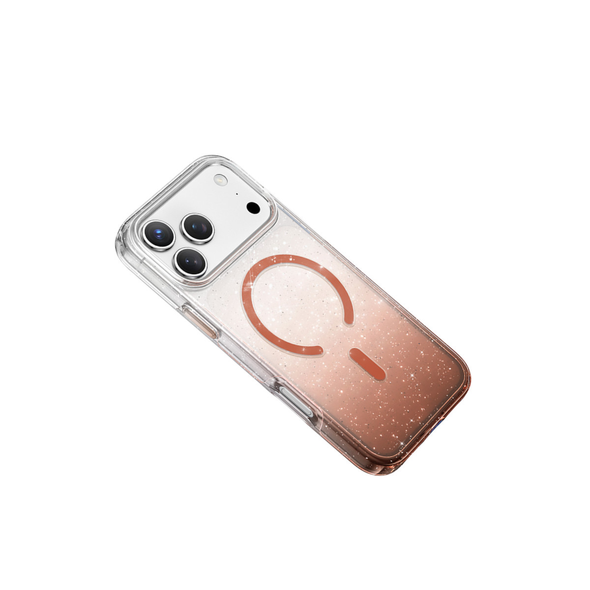 Beyaz arka planda MagSafe halkalı pembe altın simli telefon kılıfı ve üç kamera.