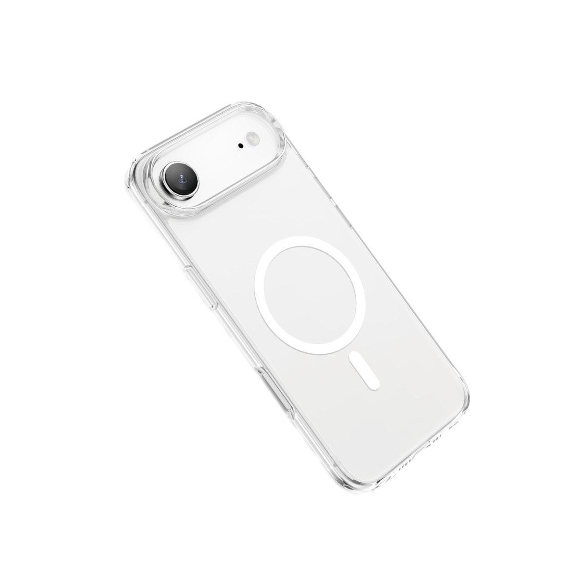 Arka tarafında dairesel bir MagSafe manyetik halkası olan şeffaf akıllı telefon kılıfı, beyaz arka plan üzerinde.