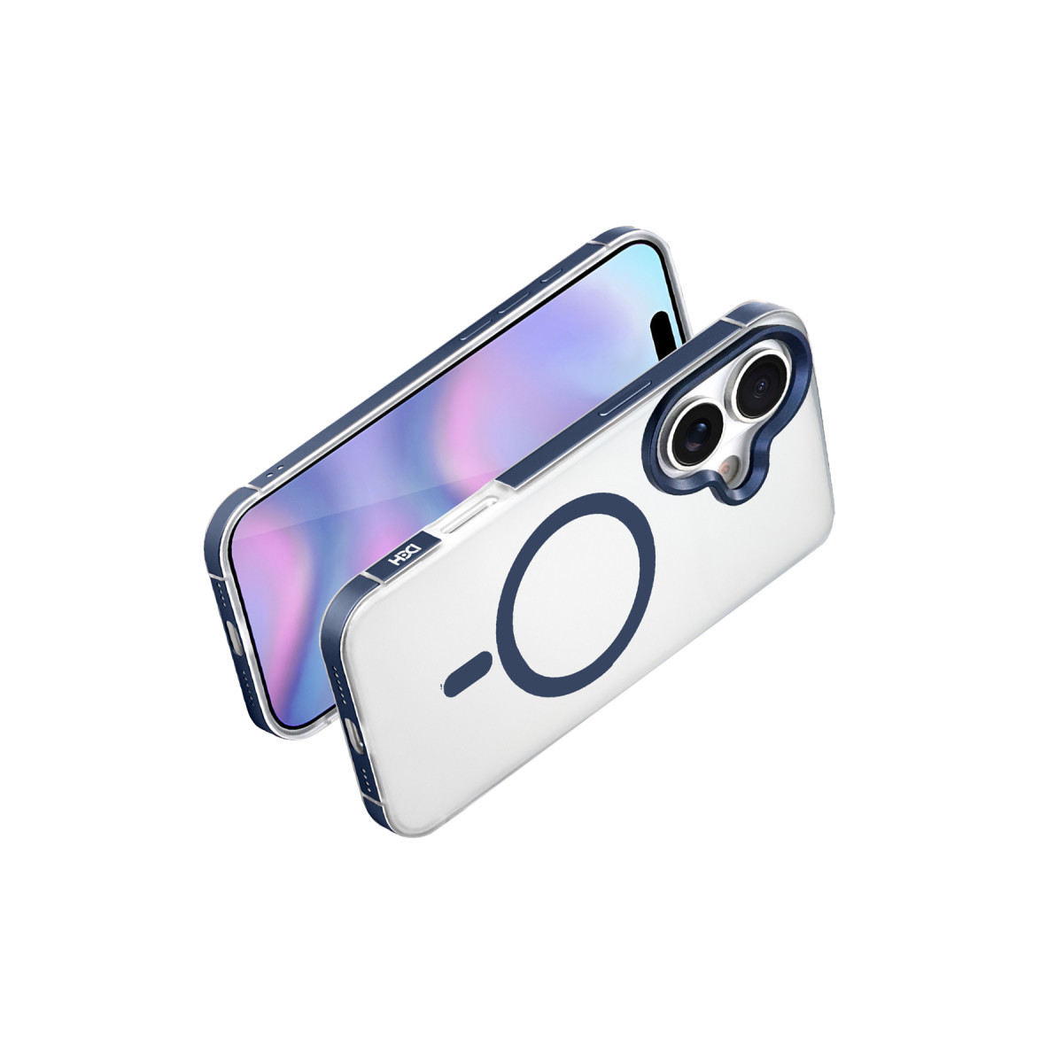 Beyaz arka planda MagSafe halkalı ve kamera kesikli koruyucu kılıf içindeki akıllı telefon.
