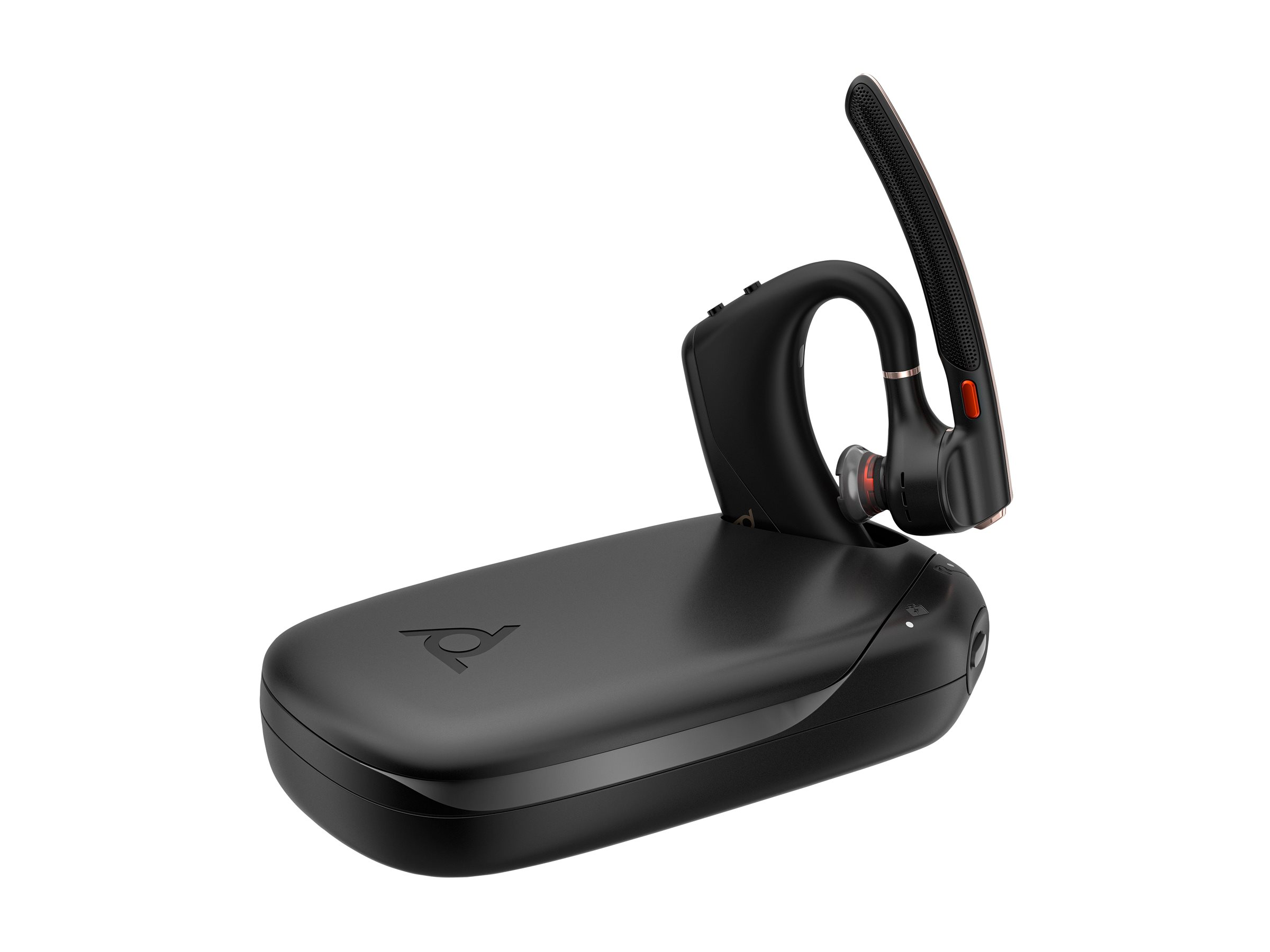 Un casque Bluetooth noir avec étui de charge sur fond blanc.
