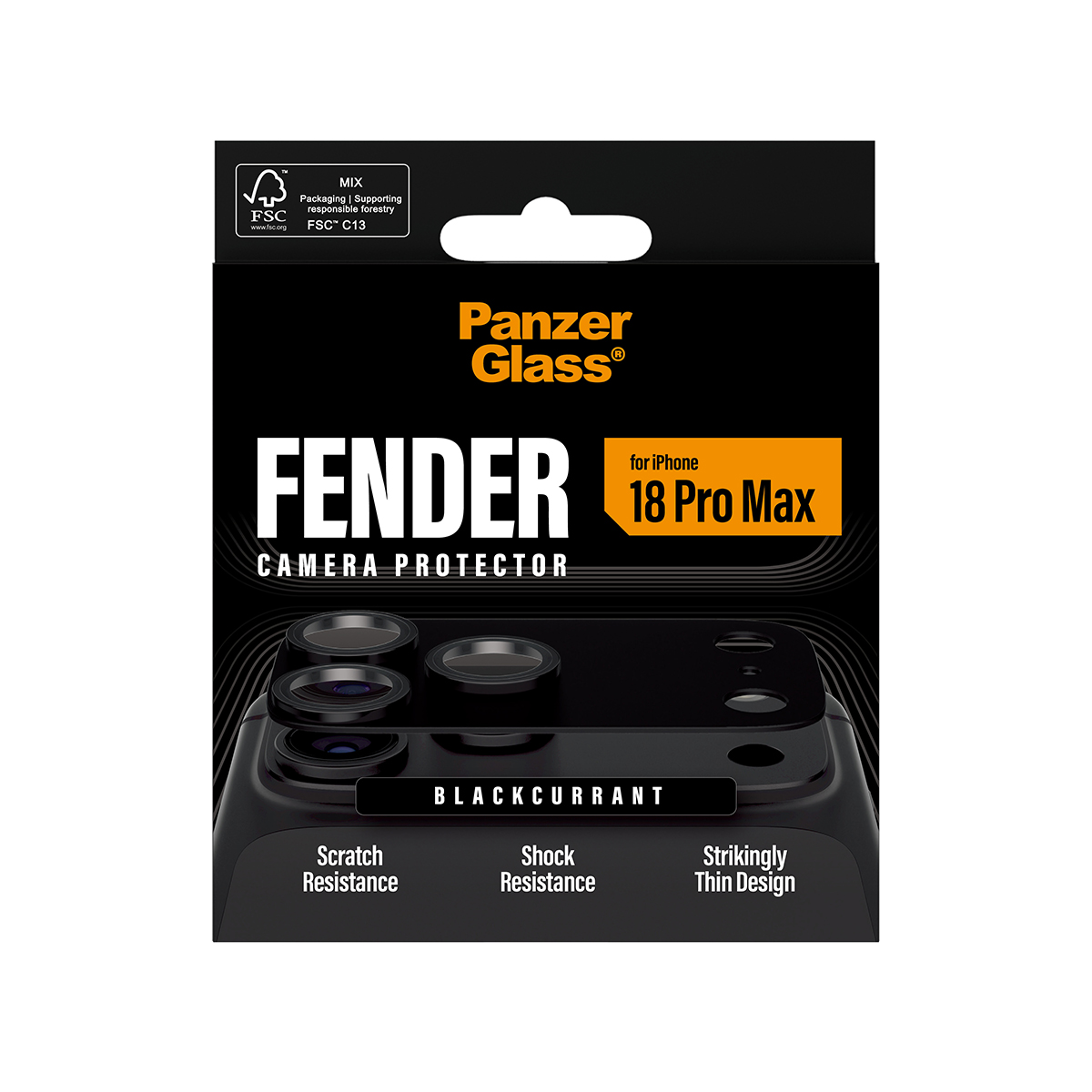 iPhone 18 Pro Max için çizilme ve darbe direncine sahip PanzerGlass kamera koruyucu ambalajı.