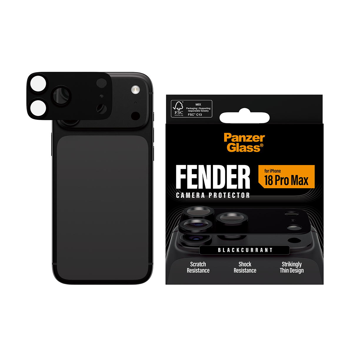 Siyah telefon kamera koruyucu ambalajı ve koruyucu mercek takılı bir akıllı telefon.