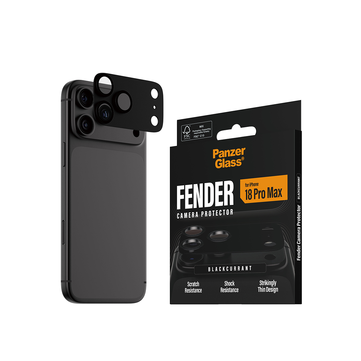 Siyah ambalajlı ve koruyucu camlı iPhone 18 Pro Max için PanzerGlass kamera koruyucu.