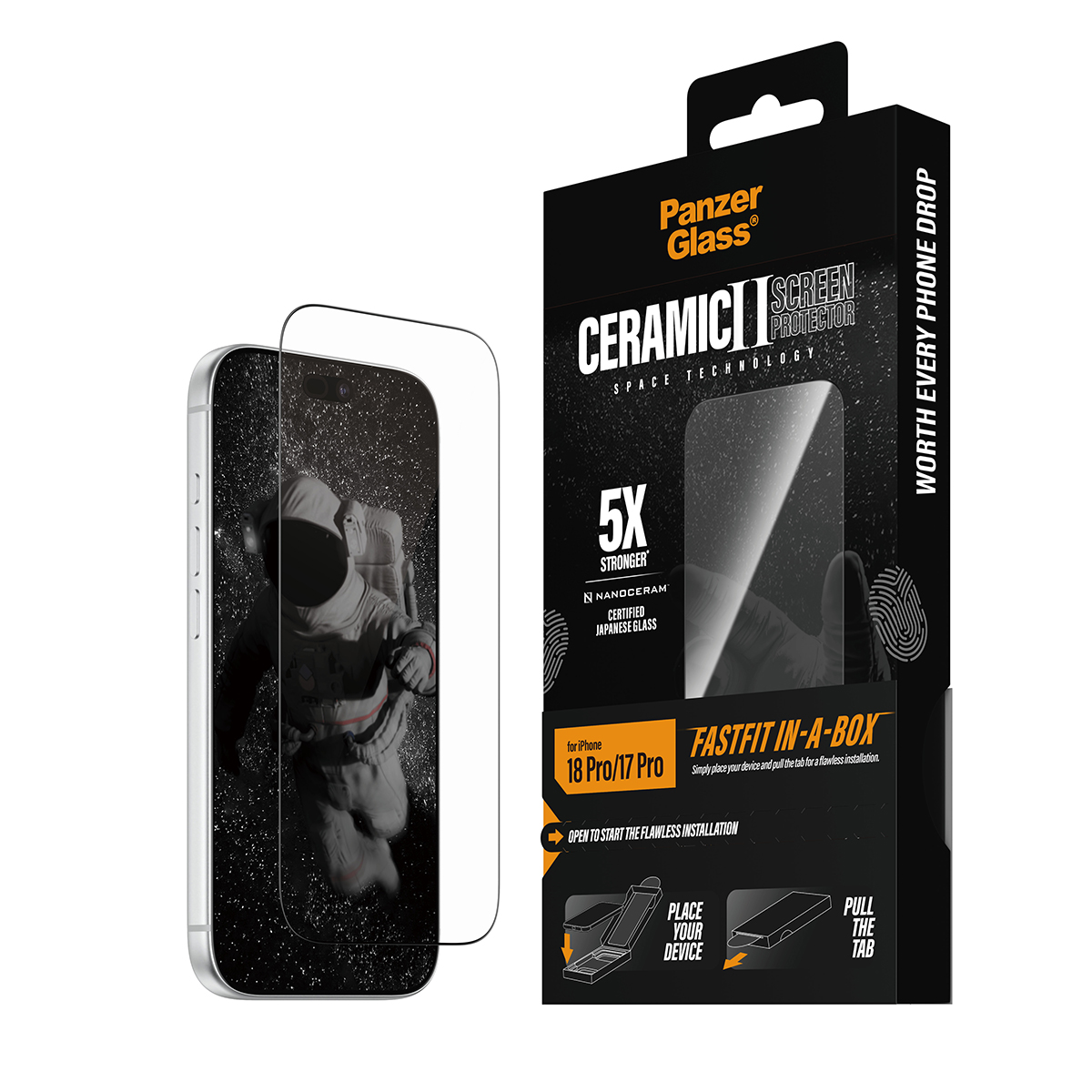 Akıllı telefonun yanında ambalajında iPhone için PanzerGlass seramik ekran koruyucu.