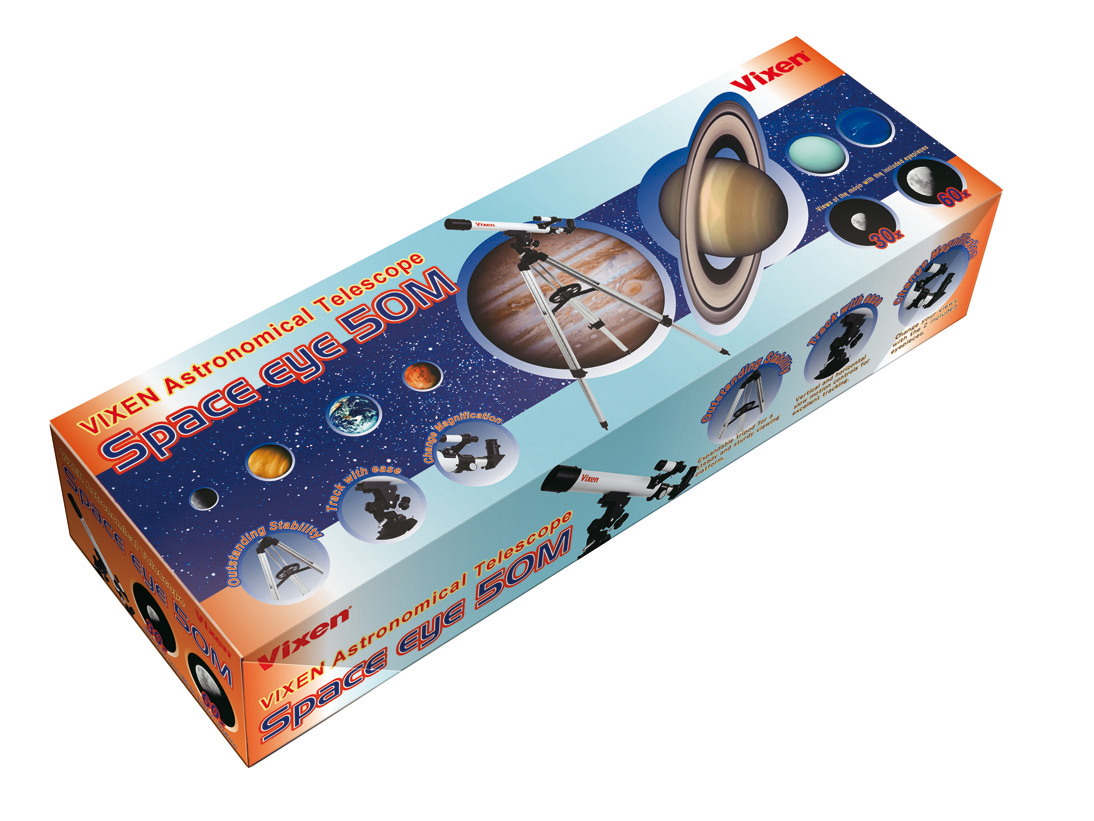 Caja de embalaje de un telescopio Vixen Space Eye 50M con imágenes de planetas.