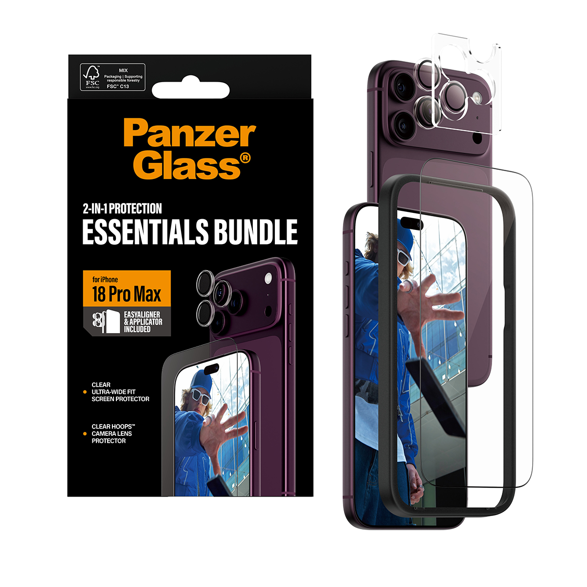 Ekran ve kamera koruyuculu mor telefonun yanında PanzerGlass Essentials Bundle kutusu.