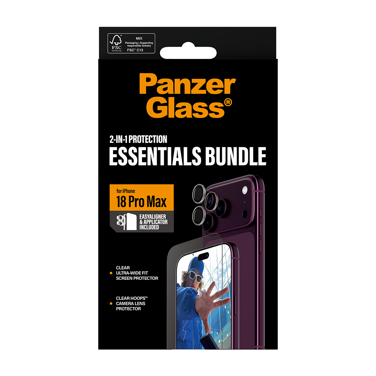 iPhone 18 Pro Max için PanzerGlass Essentials Paketi, ekran ve kamera lensi koruyuculu.