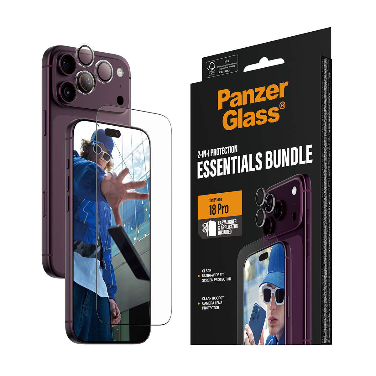 Mor akıllı telefon kılıfı, ekran koruyucu ve lens koruyuculu PanzerGlass Essentials Paketi.