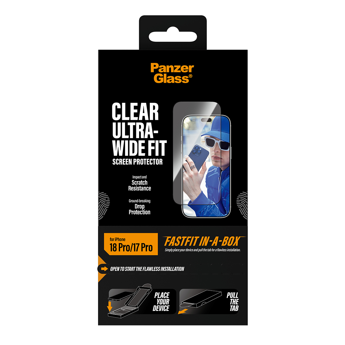 FastFit kurulum kılavuzlu iPhone 18 Pro/17 Pro için PanzerGlass ekran koruyucu kutusu.