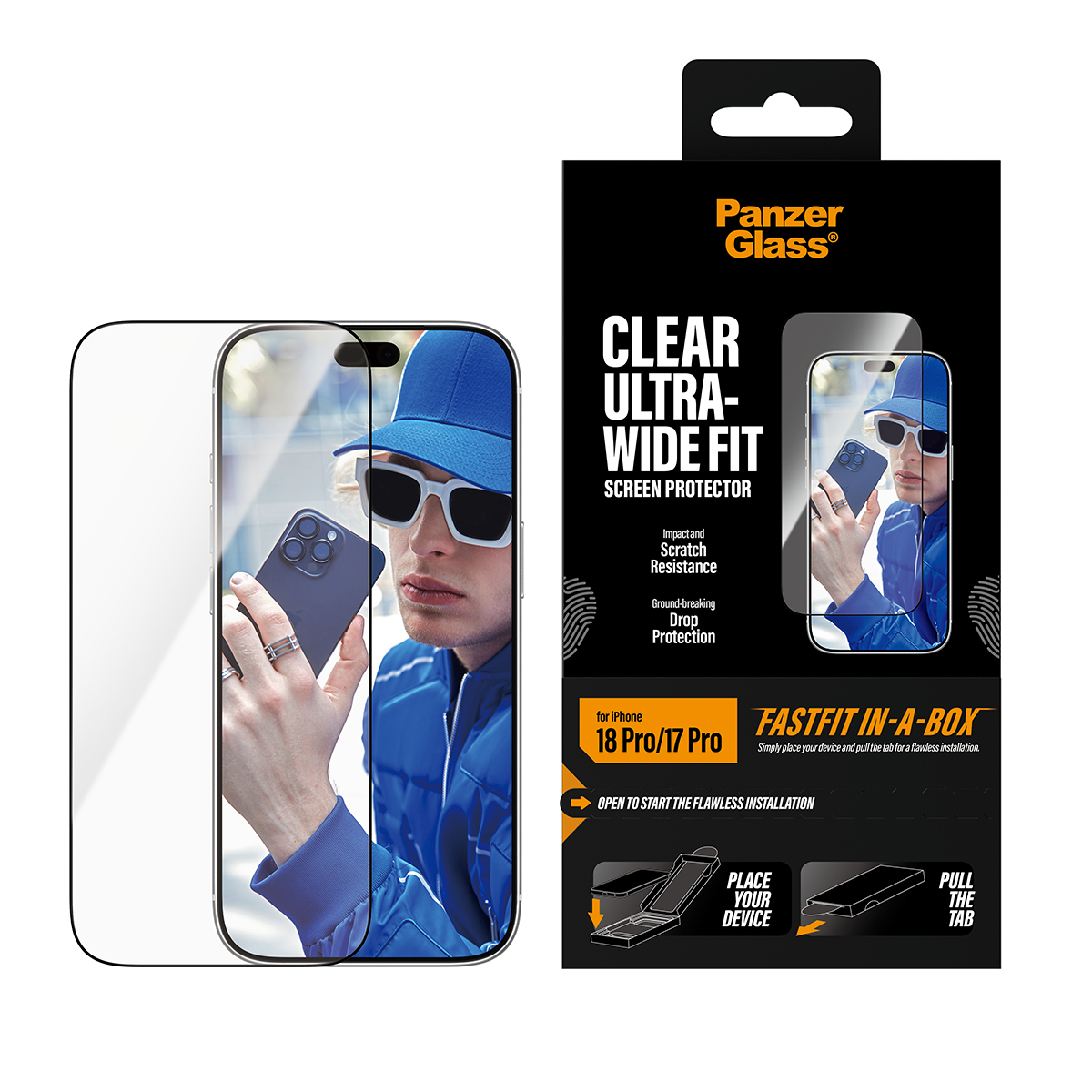 iPhone 18 Pro ve 17 Pro için PanzerGlass ekran koruyucu kutusu ve şeffaf cam film.
