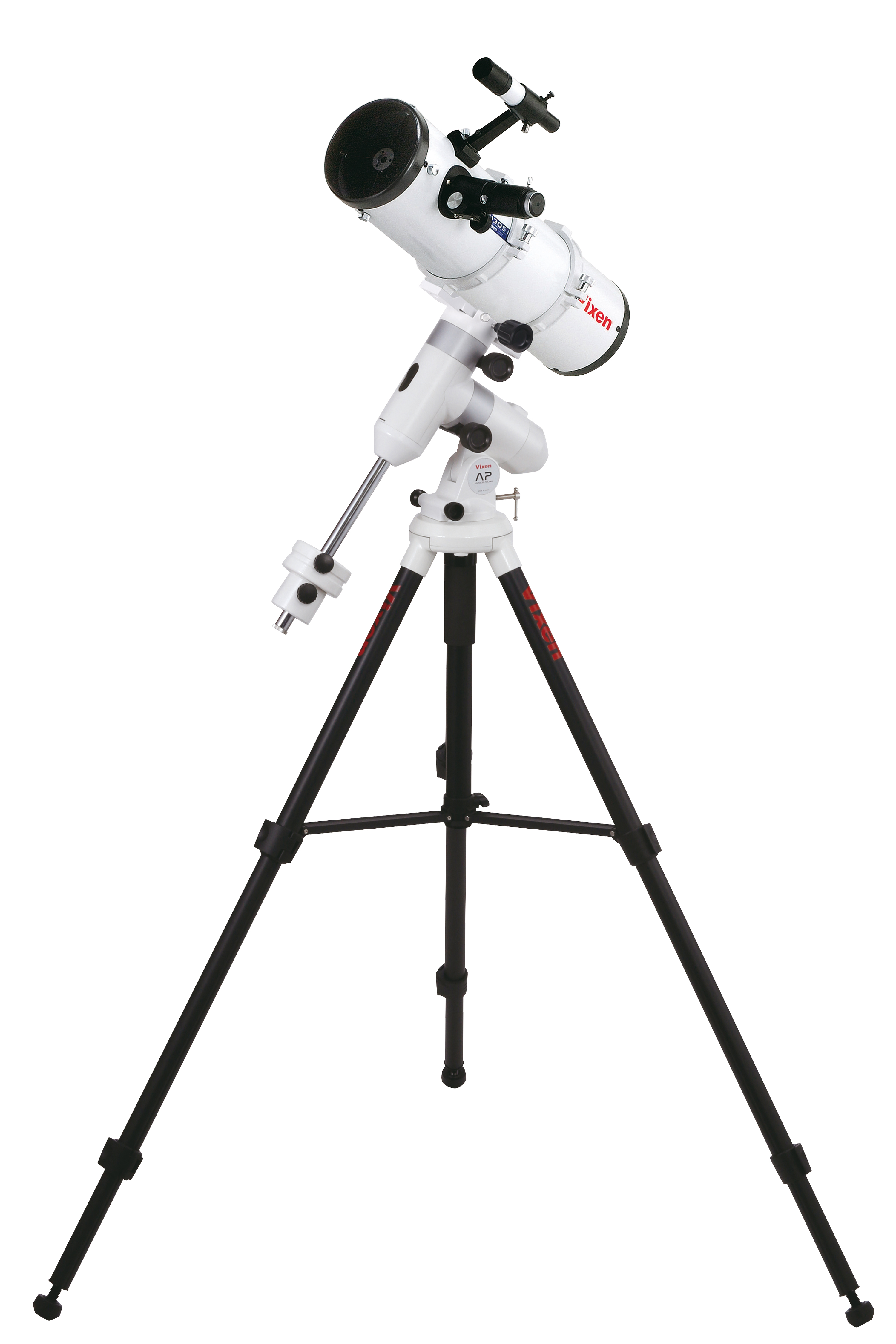 Un telescopio blanco con buscador montado en un trípode negro sobre fondo blanco.
