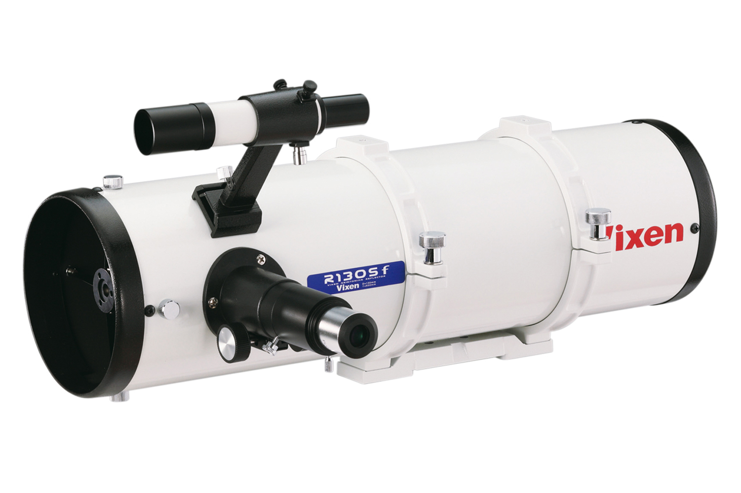 Un telescopio newtoniano Vixen R130Sf blanco con buscador negro y perillas plateadas, sobre fondo blanco.