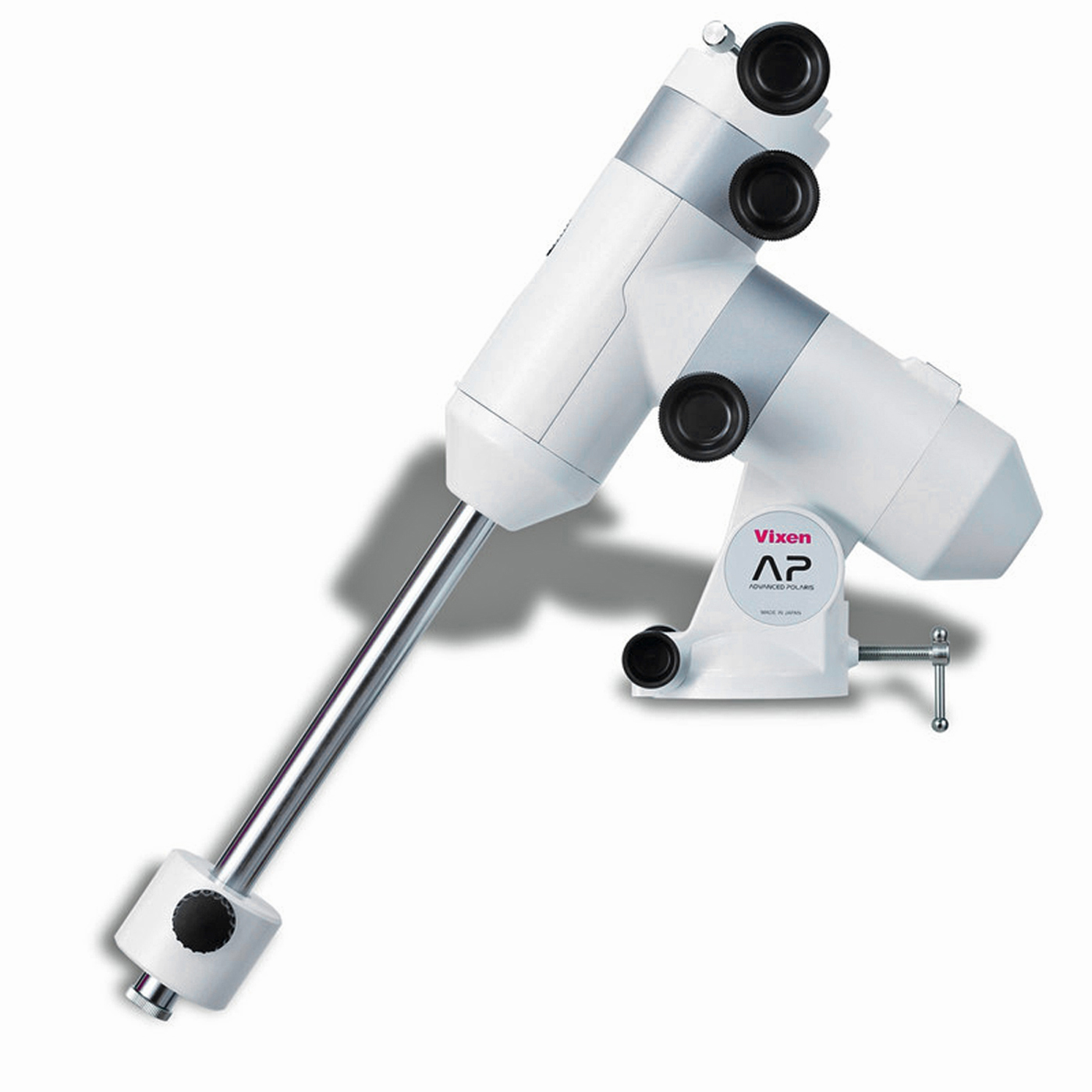 Montura de telescopio Vixen AP blanca con barra plateada y perillas de ajuste negras.