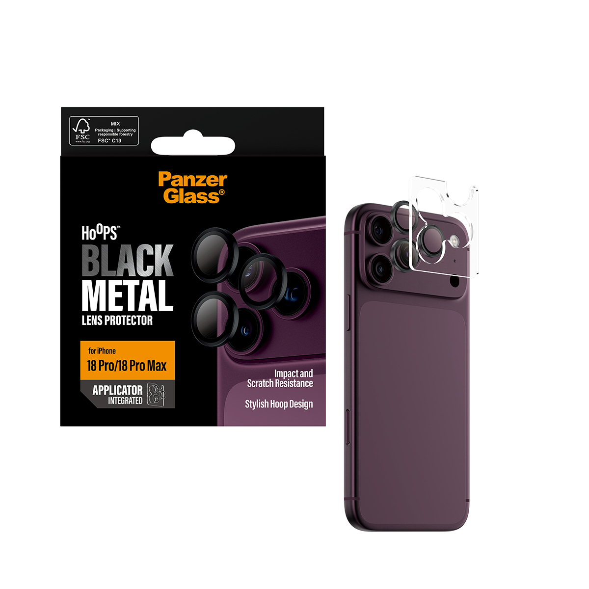 Kamera korumalı mor bir akıllı telefonun yanında PanzerGlass Hoops lens koruyucu ambalajı.