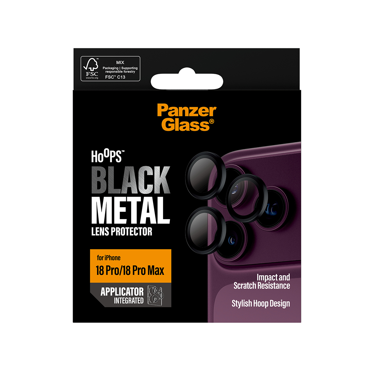 Siyah ambalaj içinde iPhone 18 Pro ve Pro Max için PanzerGlass Hoops Siyah Metal kamera lensi koruyucusu.