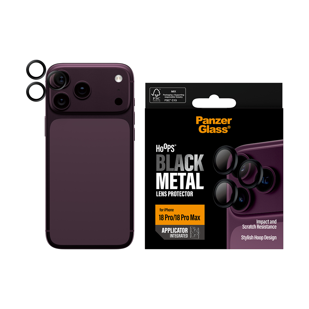 PanzerGlass kamera koruma halkaları ve ambalajı ile mor iPhone.