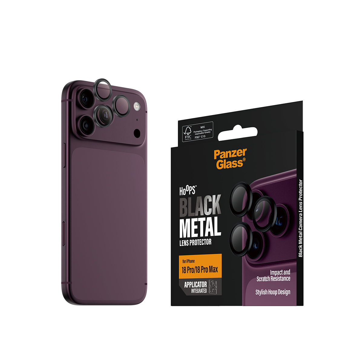 Siyah lens koruyuculu mor bir akıllı telefon ve siyah-turuncu PanzerGlass ambalajı.