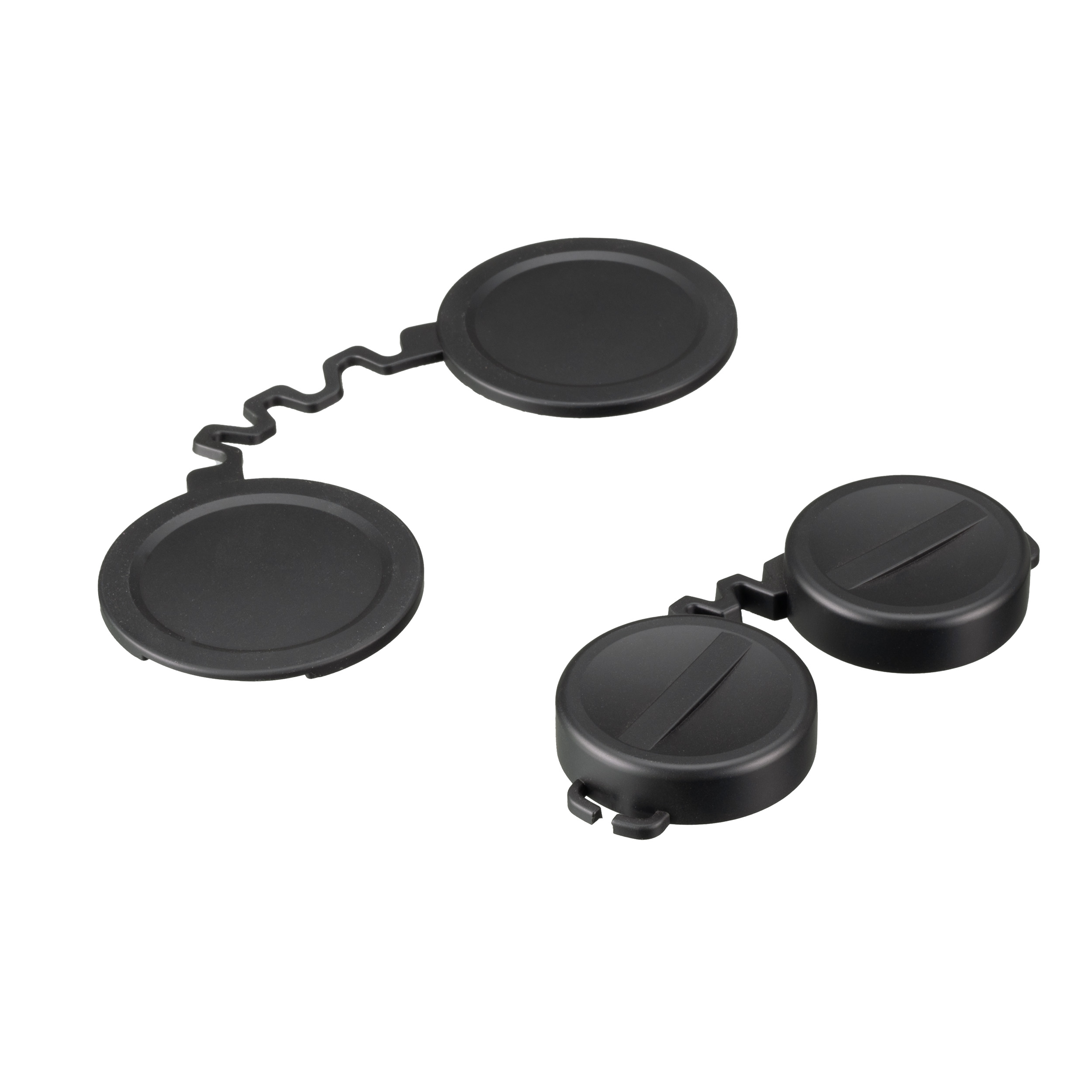 Dos tapas de lentes de plástico negro conectadas por una banda ondulada sobre fondo blanco.