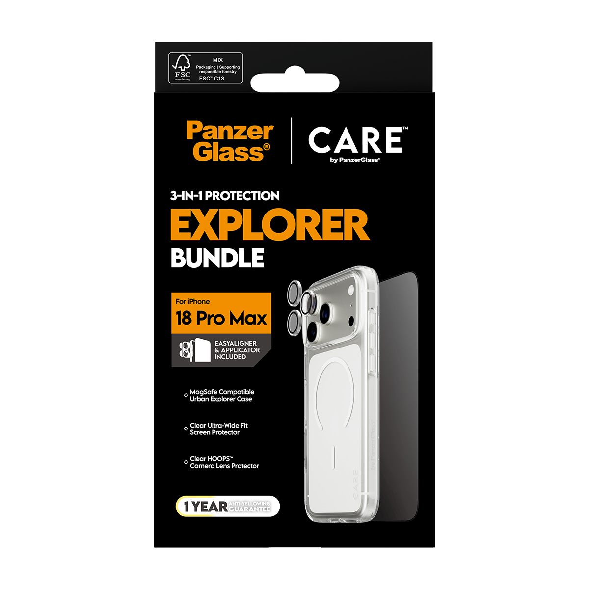Kit PanzerGlass Explorer per iPhone 18 Pro Max con cover, pellicola e protezione per fotocamera.