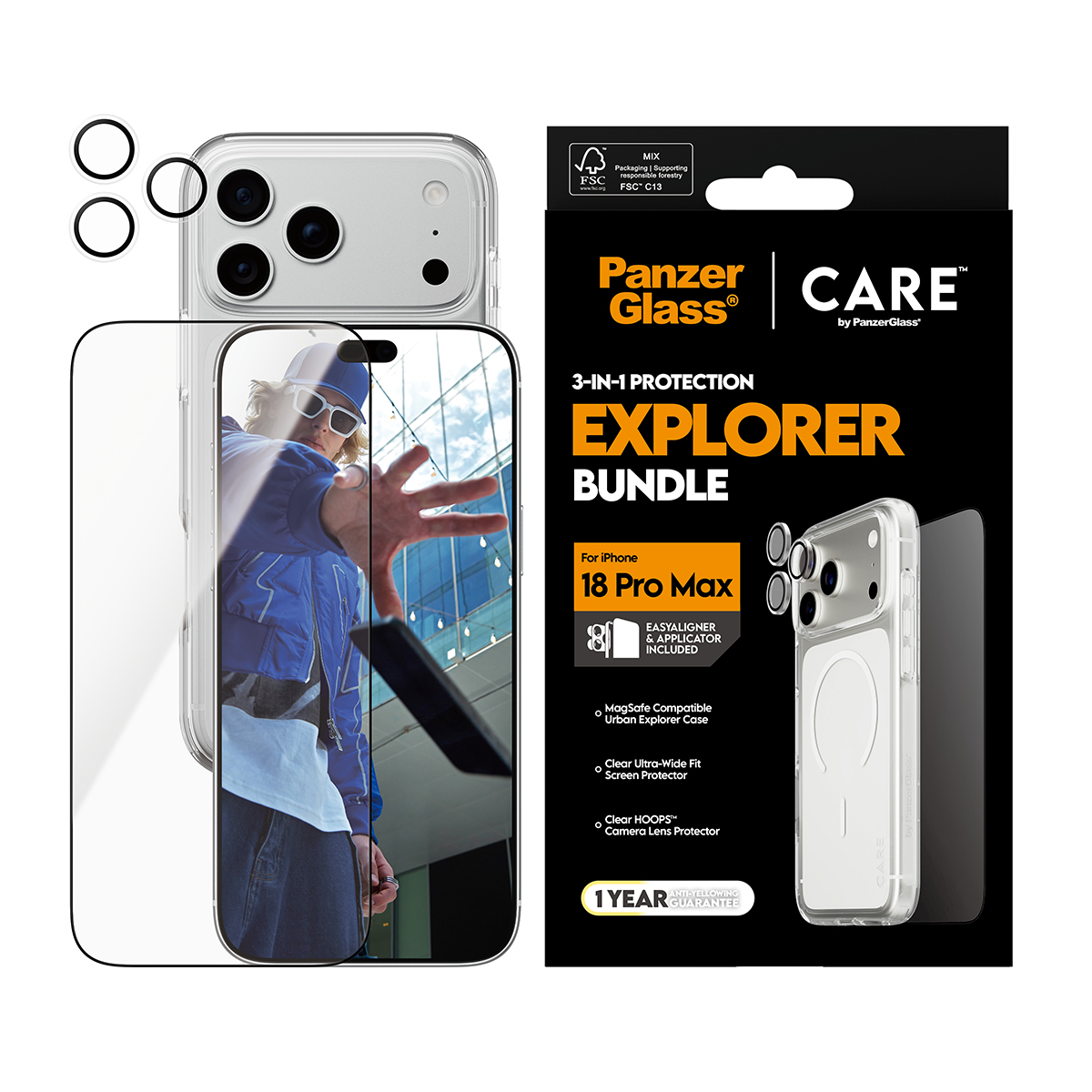 Kit PanzerGlass Explorer per iPhone con custodia, pellicola e protezione per fotocamera.