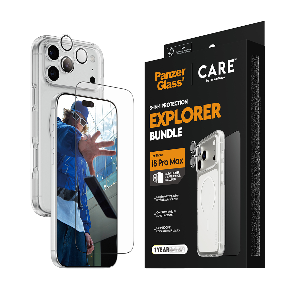 Kit PanzerGlass Explorer per iPhone con custodia, protezione schermo e vetro fotocamera vicino alla confezione.