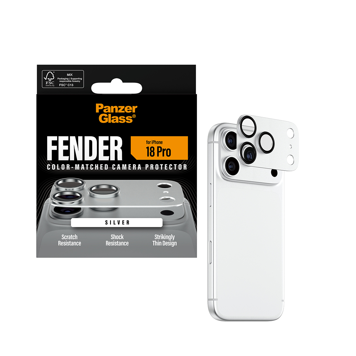 PanzerGlass Fender kamera koruyucu ambalajı, lens koruyucusu uygulanan gümüş renkli bir akıllı telefonun yanında.