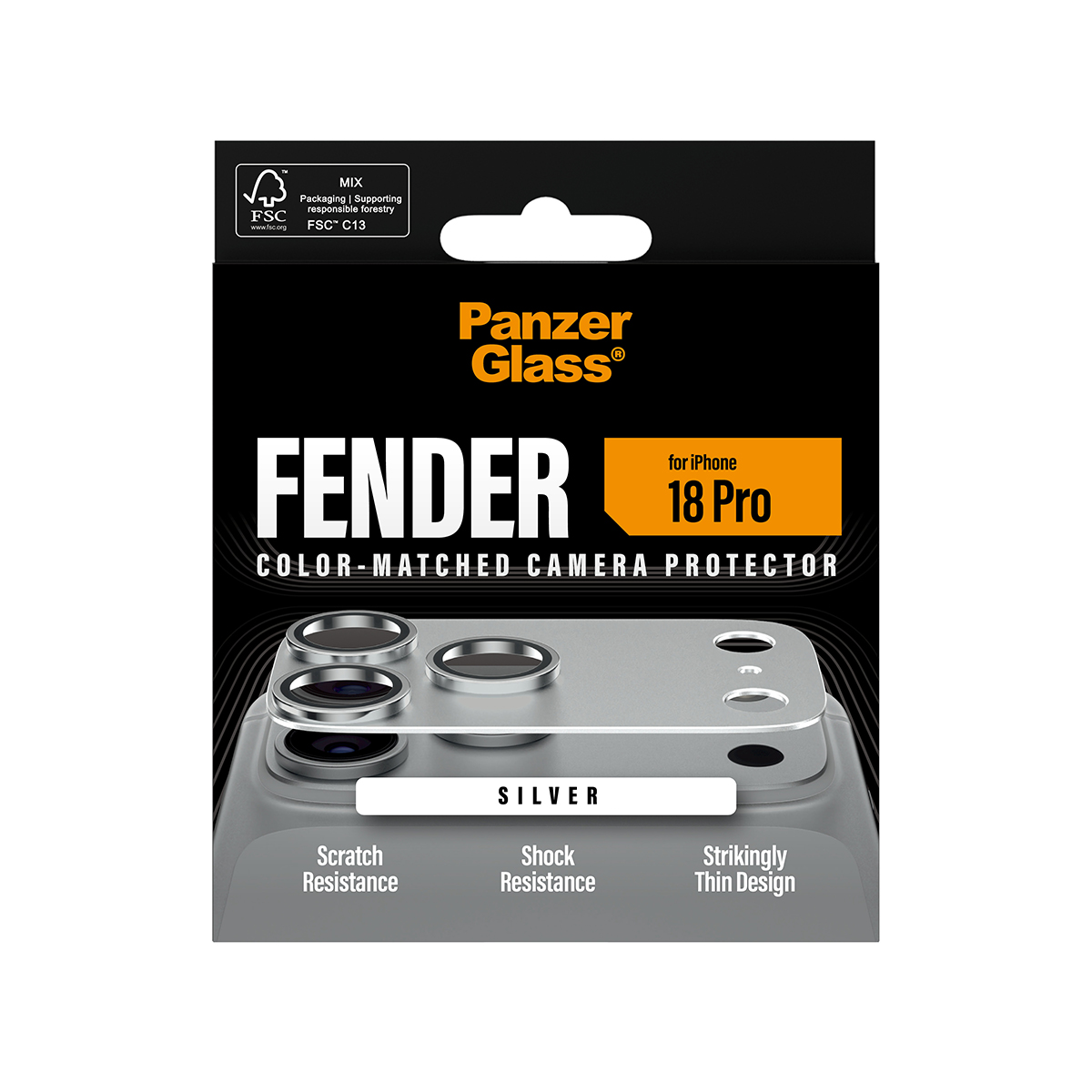 iPhone 18 Pro için koruyucu özelliklere sahip gümüş PanzerGlass kamera koruyucu ambalajı.
