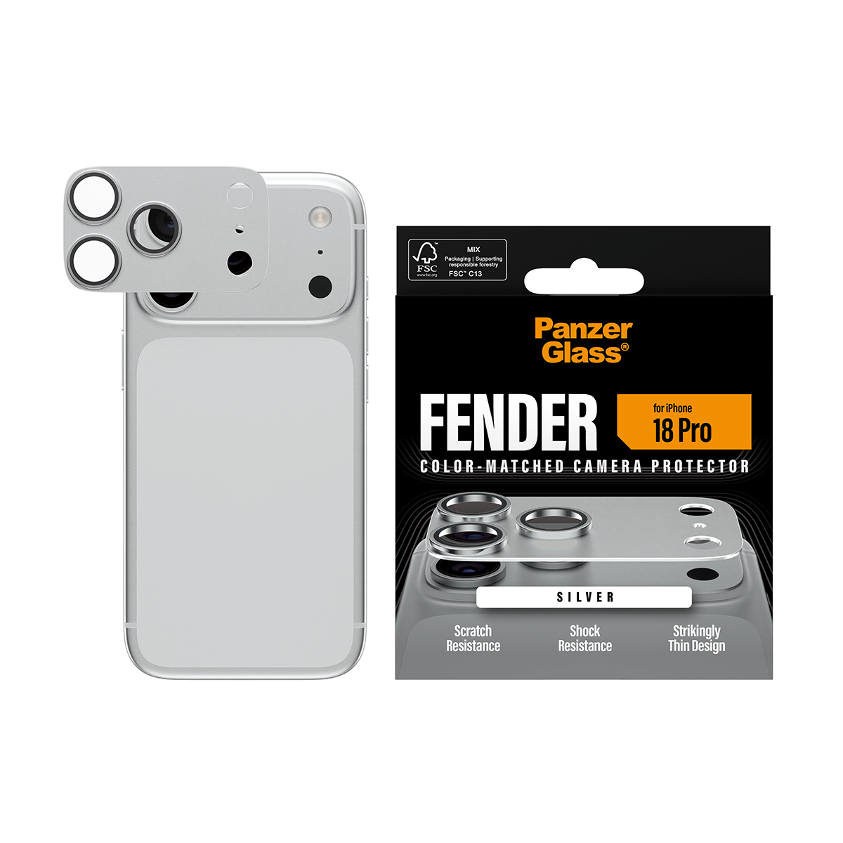 Gümüş renkli iPhone 18 Pro için PanzerGlass kamera koruyucu ve ambalajı.