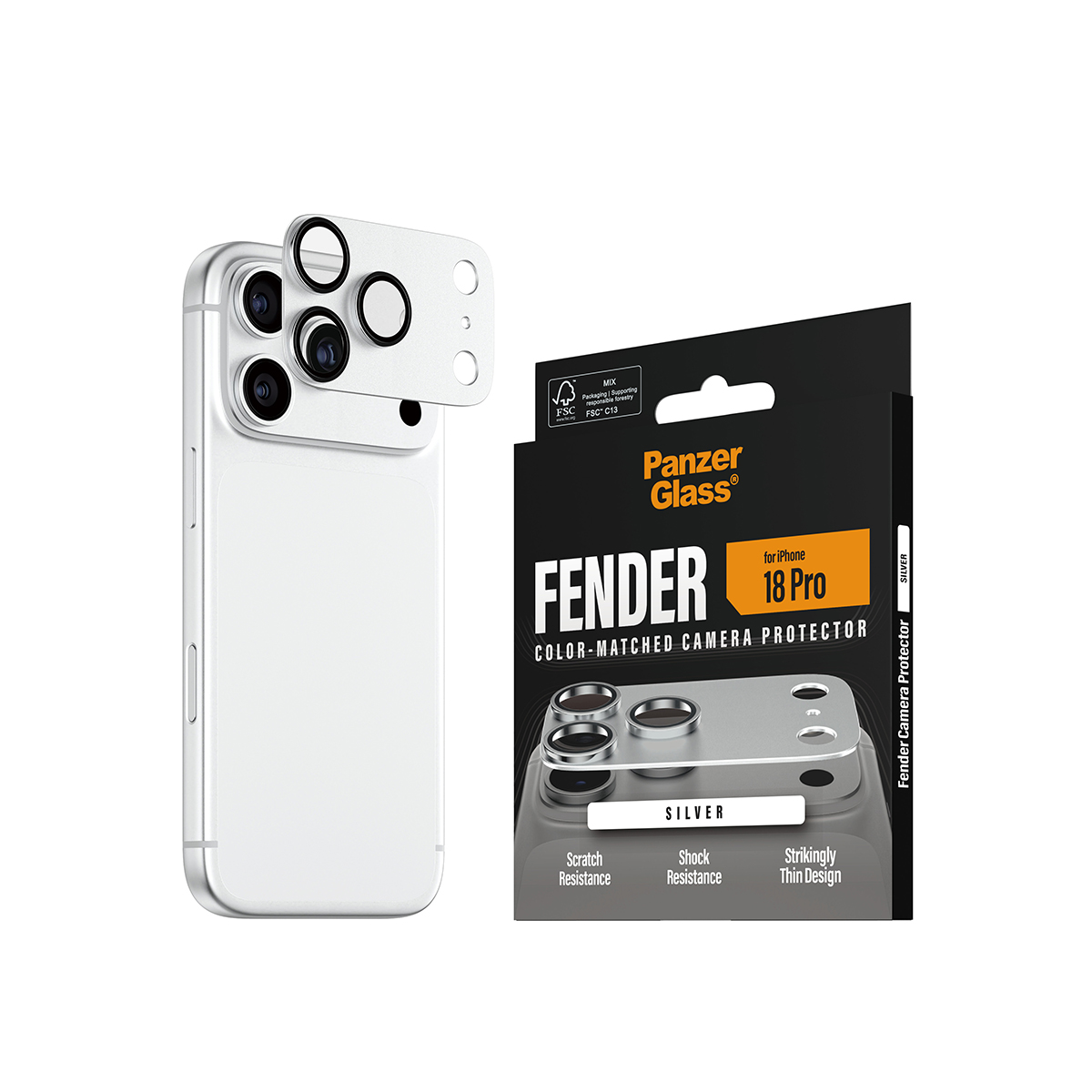Gümüş renkli ambalajında PanzerGlass kamera koruyucu ve koruyucusu takılı beyaz akıllı telefon.