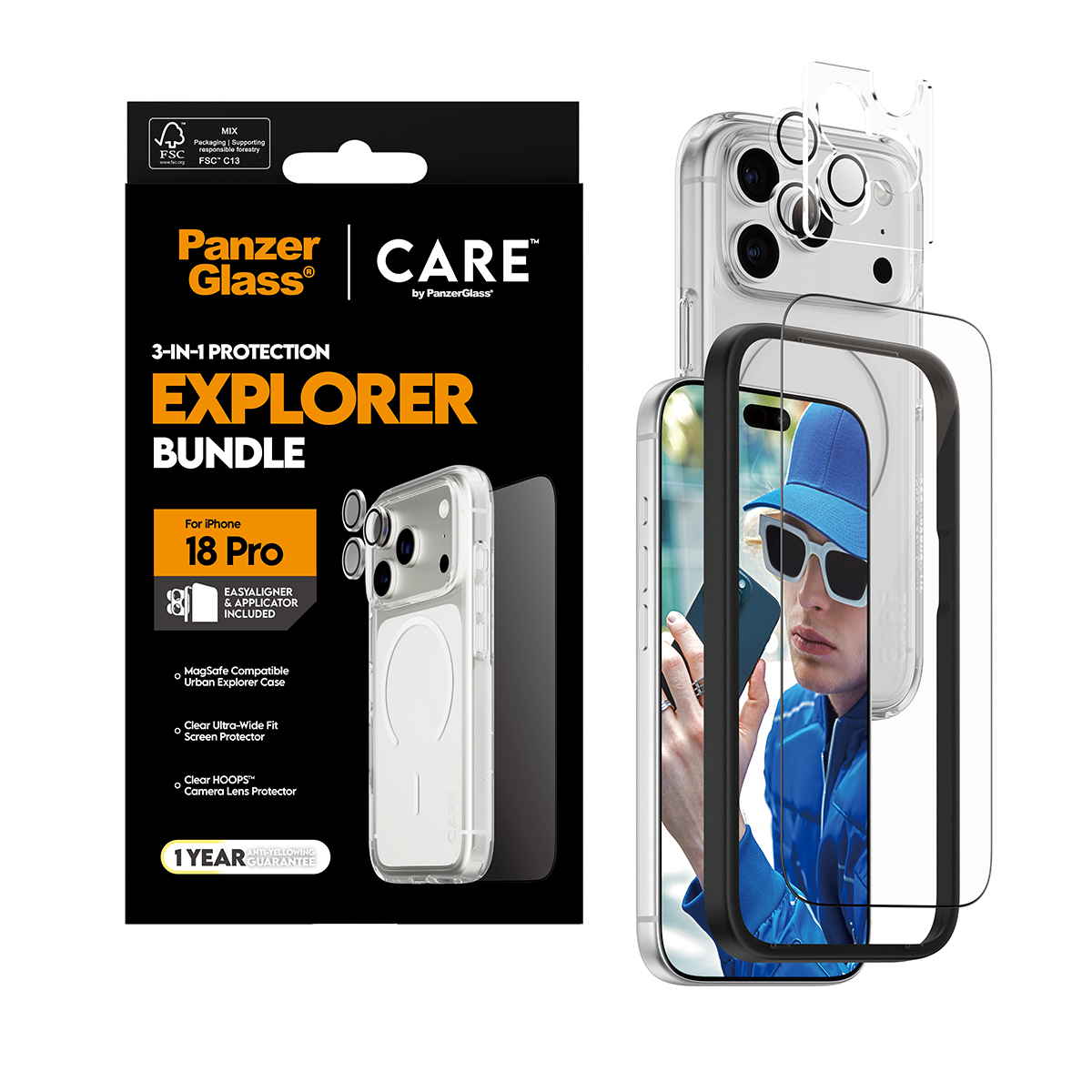 PanzerGlass Explorer set ambalajı ve şeffaf kılıf, ekran koruyucu ve lens koruyucu içeren aksesuarlar.