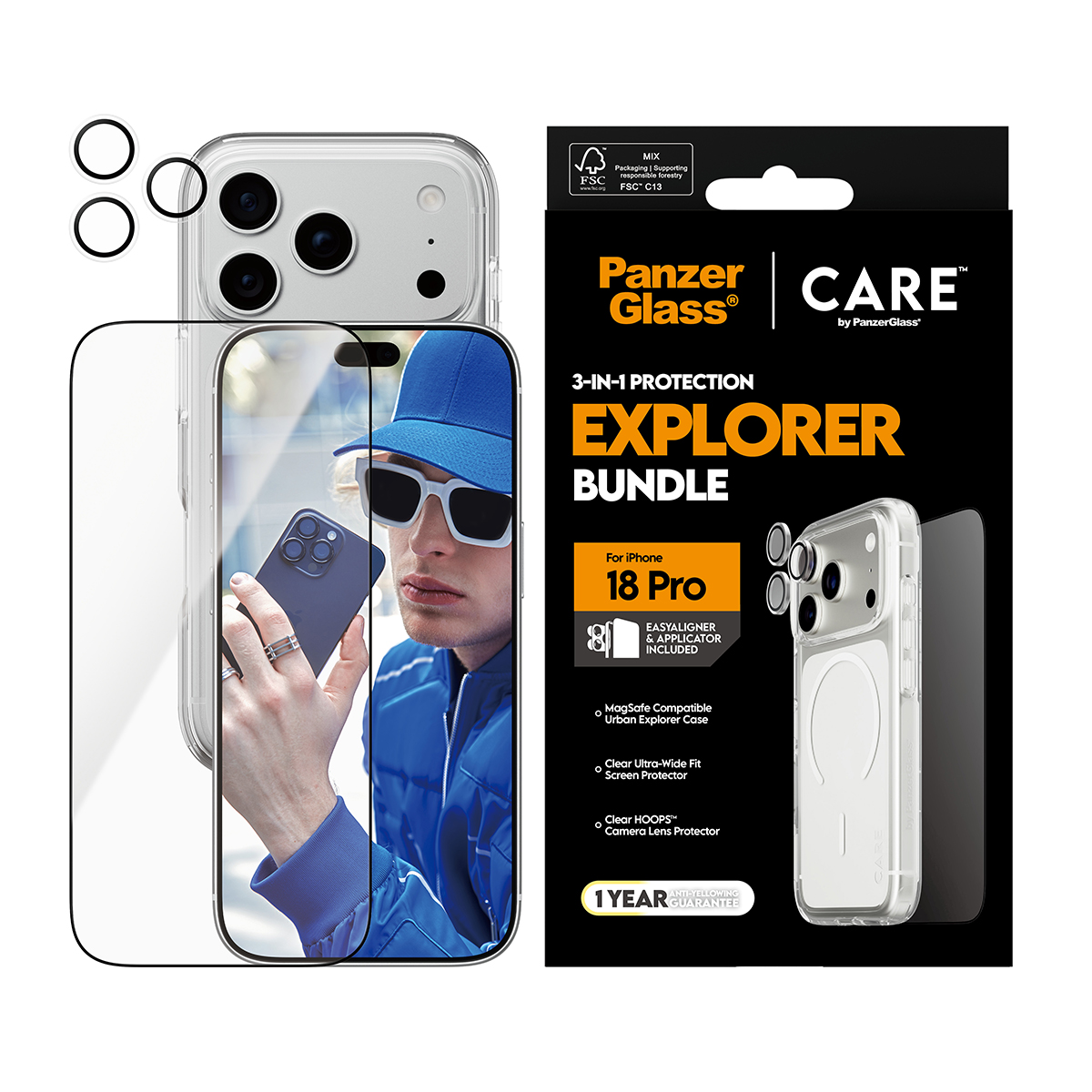iPhone 18 Pro için telefon kılıfı, ekran koruyucu ve kamera lens koruyucu içeren PanzerGlass Explorer Paketi.