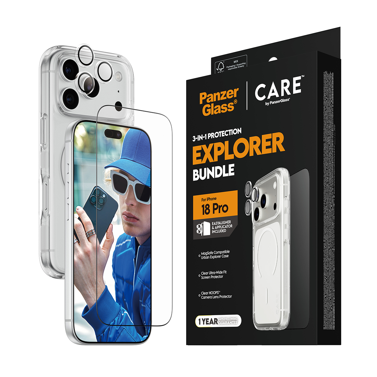 Şeffaf kılıf, ekran koruyucu, kamera lens koruyucuları ve siyah kutusuyla PanzerGlass Explorer seti.