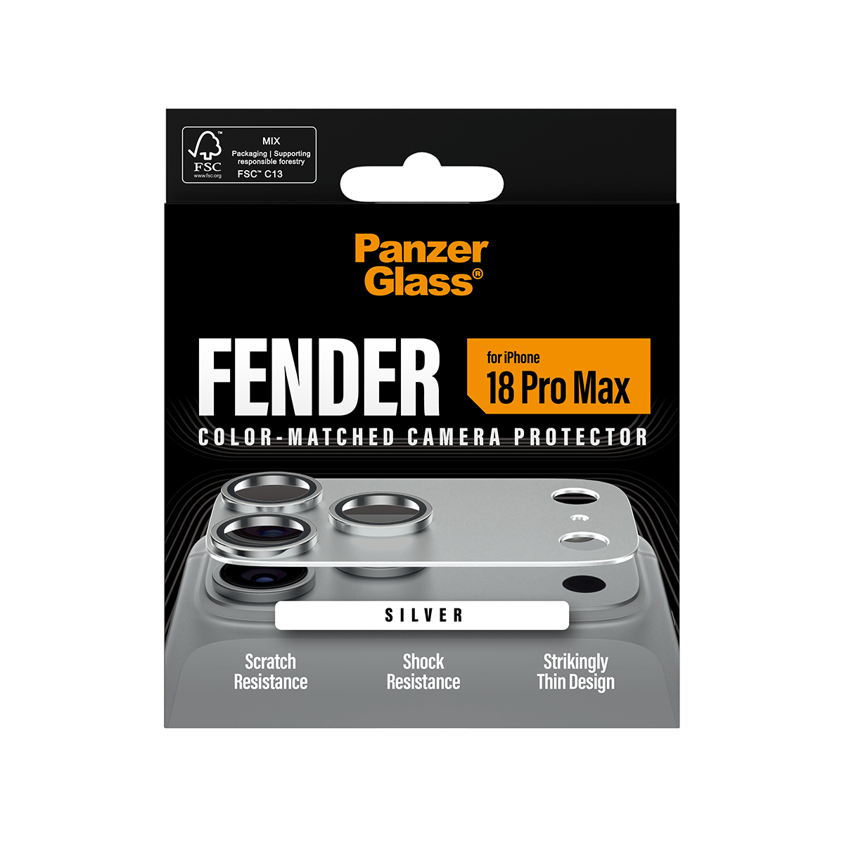 Fender markalı ve özellik simgeli iPhone için PanzerGlass gümüş renkli kamera koruyucu ambalajı.