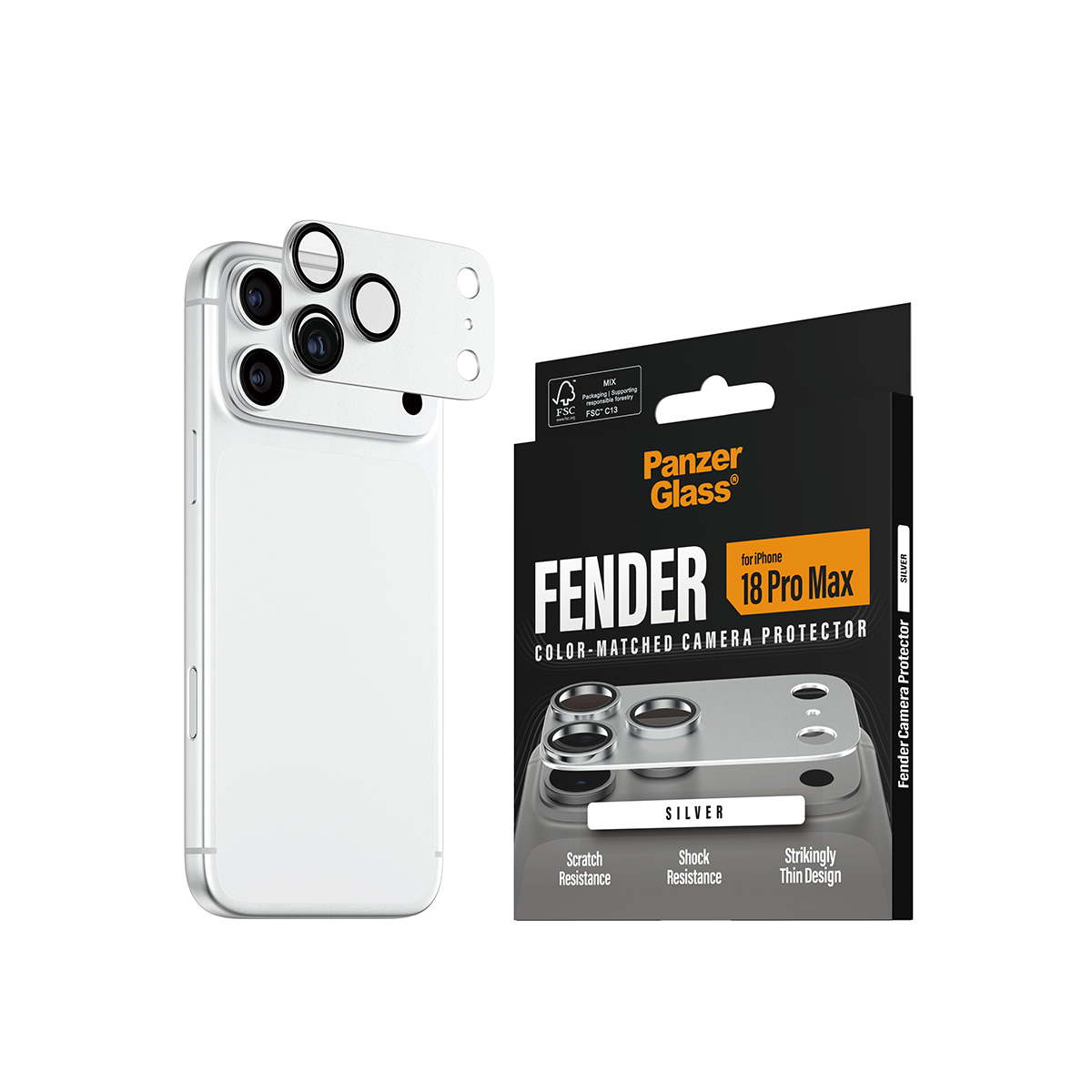 Gümüş renkli iPhone kamera lens koruyucusu ve PanzerGlass ambalajı.