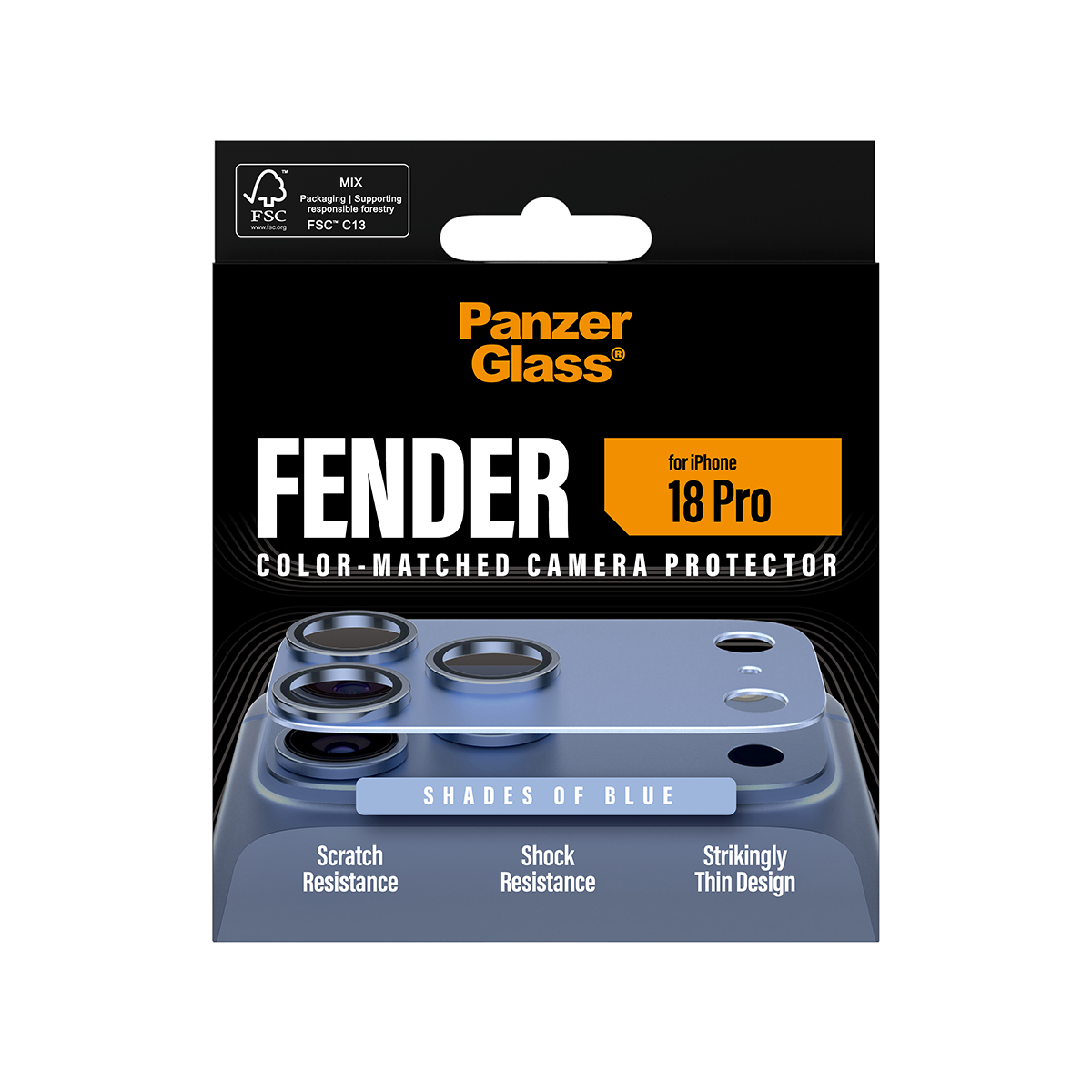 Mavi renkli iPhone için PanzerGlass kamera koruyucu ambalajı.