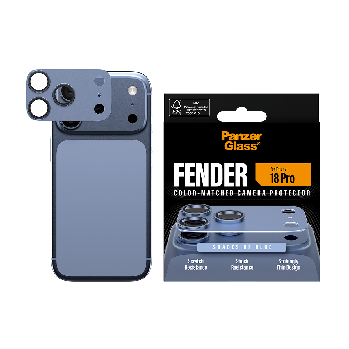 Kamera koruyuculu mavi iPhone kılıfı ve yanında uyumlu ürün ambalajı.