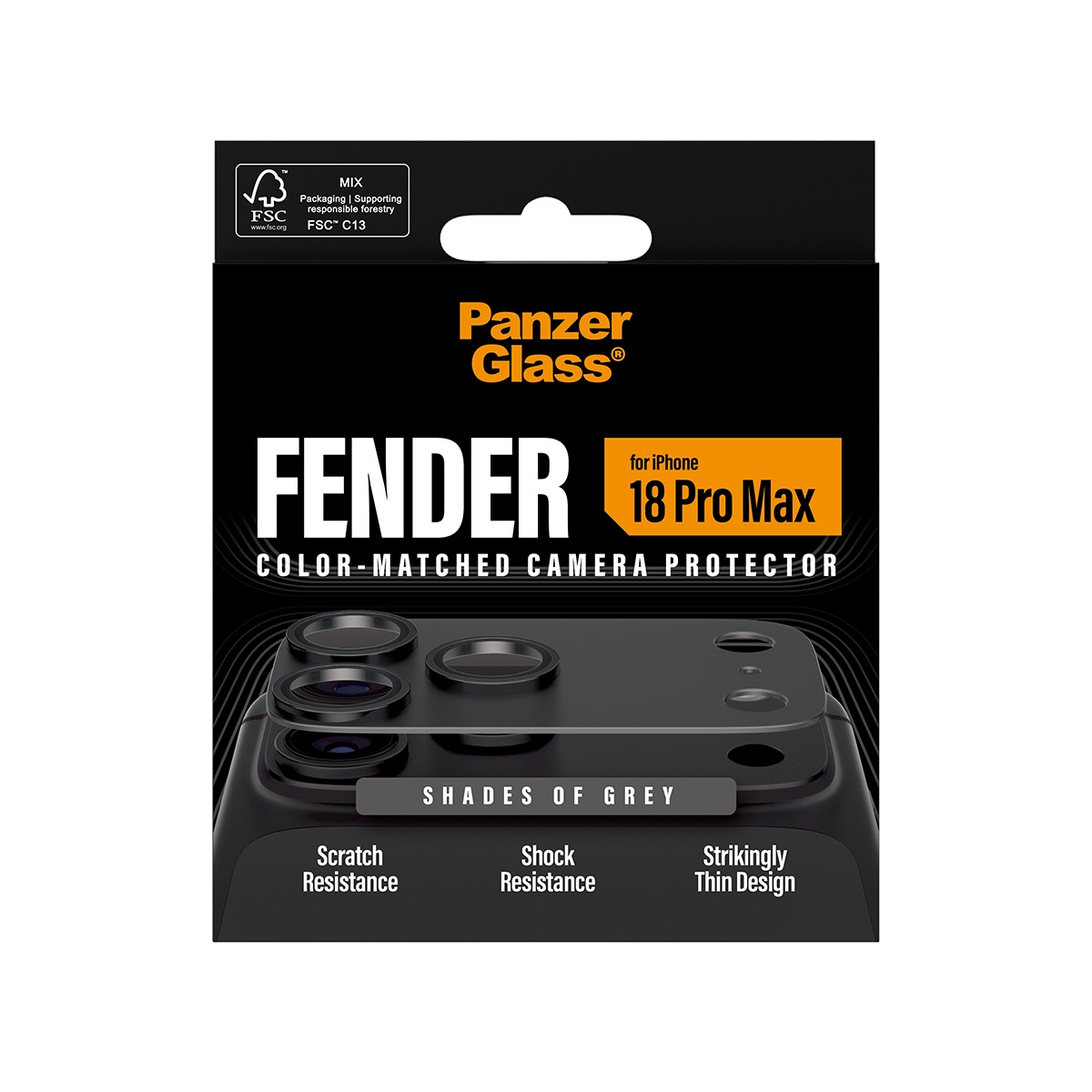 iPhone için PanzerGlass kamera koruyucu ambalajı ve koruyucu cam görseli.