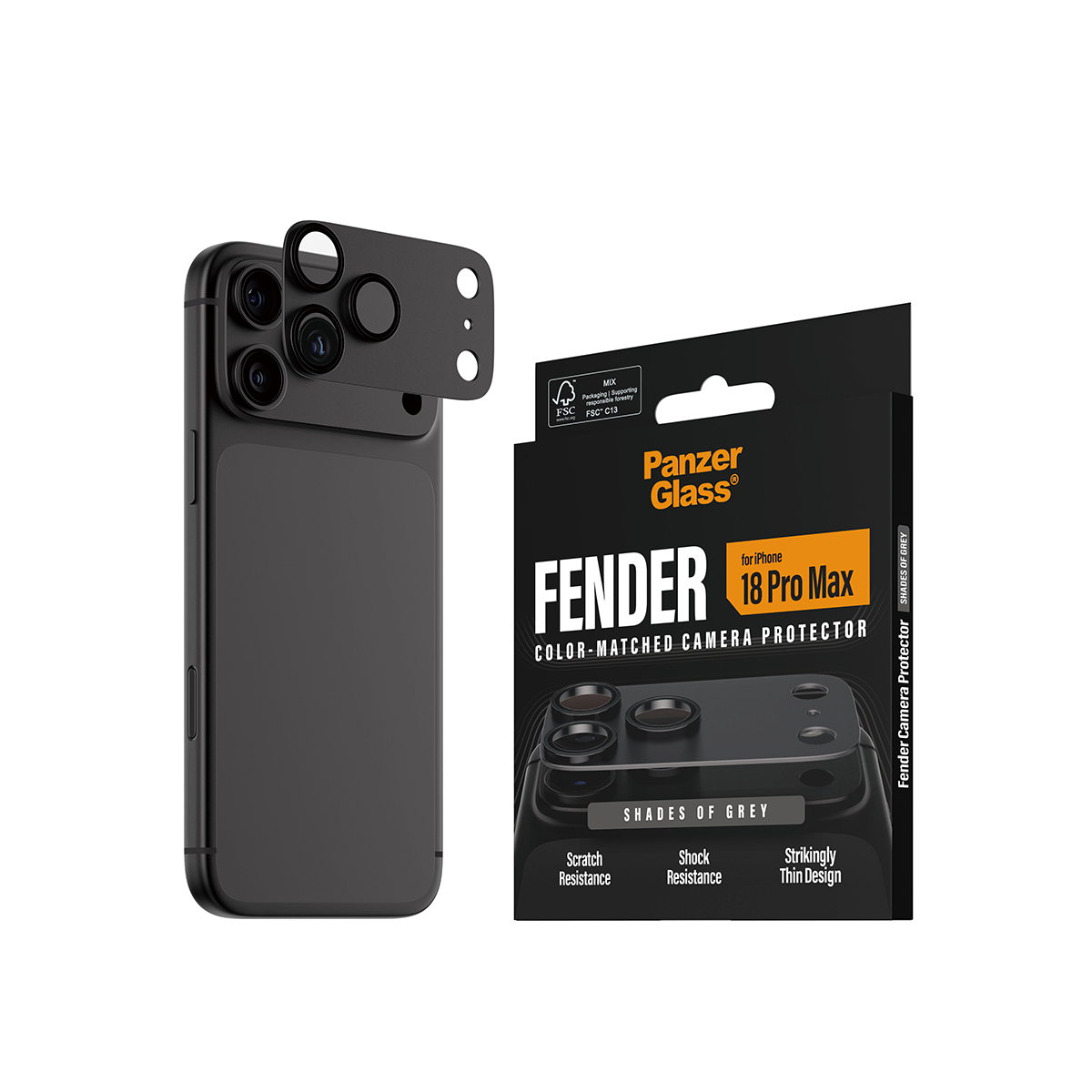 Siyah ambalaj ve siyah akıllı telefon ile iPhone 18 Pro Max için PanzerGlass kamera koruyucusu.