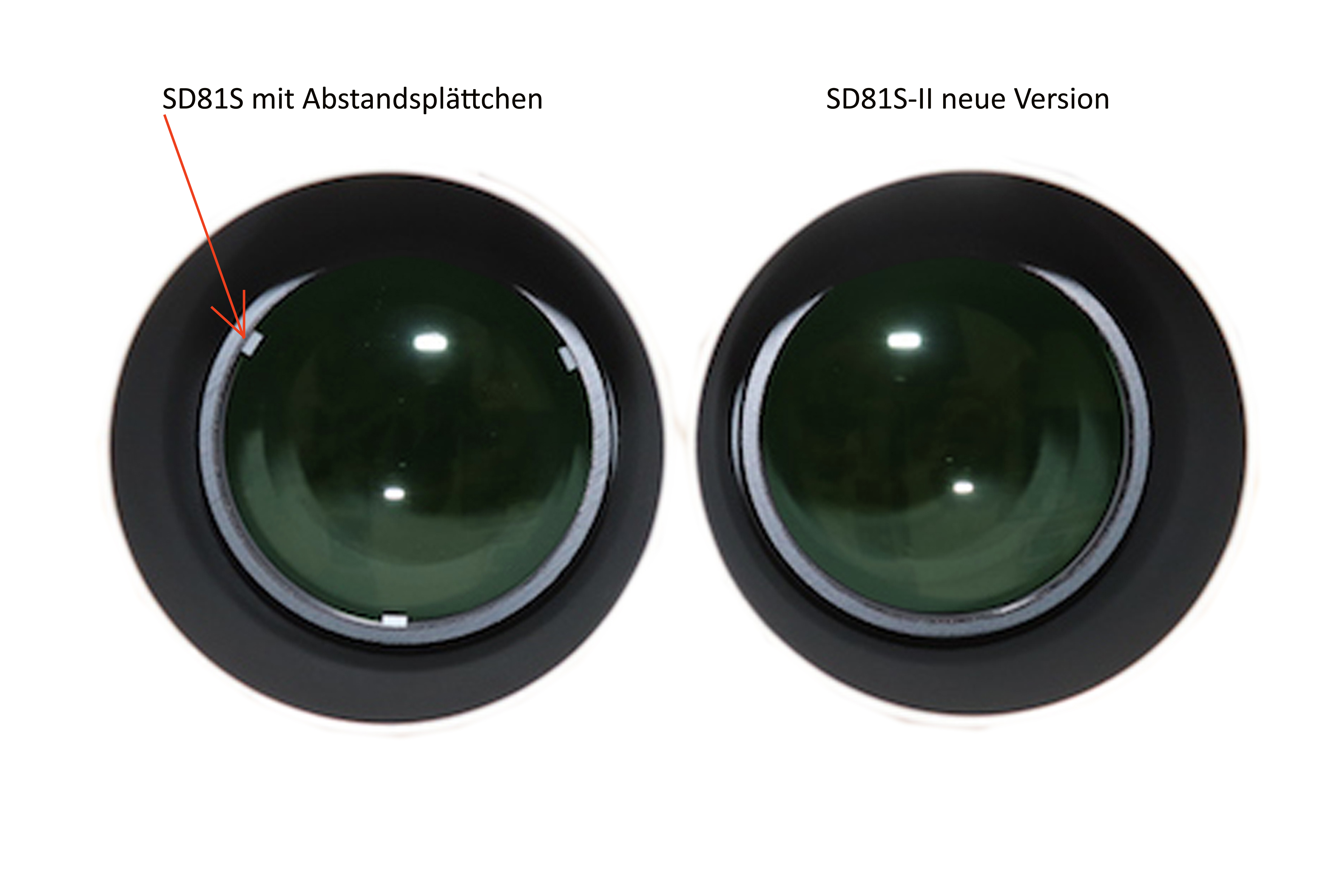 Comparación de dos lentes de telescopio, mostrando SD81S con espaciadores a la izquierda y la nueva versión SD81S-II a la derecha.