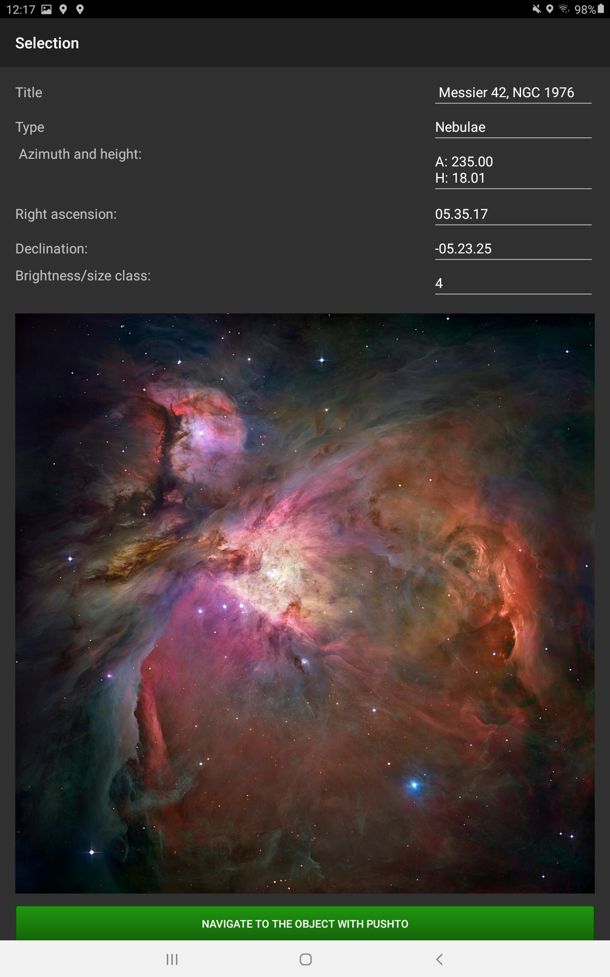Captura de pantalla de la aplicación con detalles del Nebulosa de Orión.