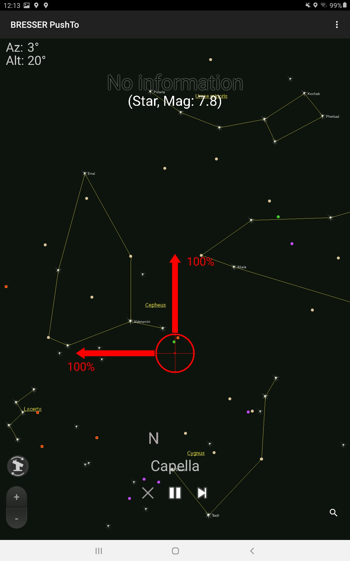Captura de pantalla de un mapa estelar con constelaciones y flechas rojas.
