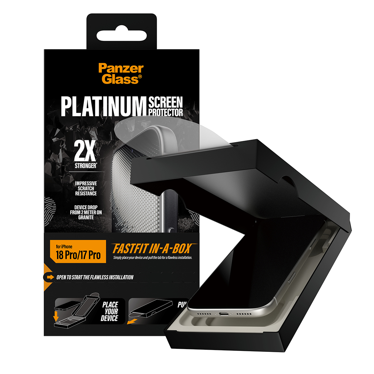 Açık kurulum kutusu ve iPhone ile siyah PanzerGlass Platinum Ekran Koruyucu ambalajı.