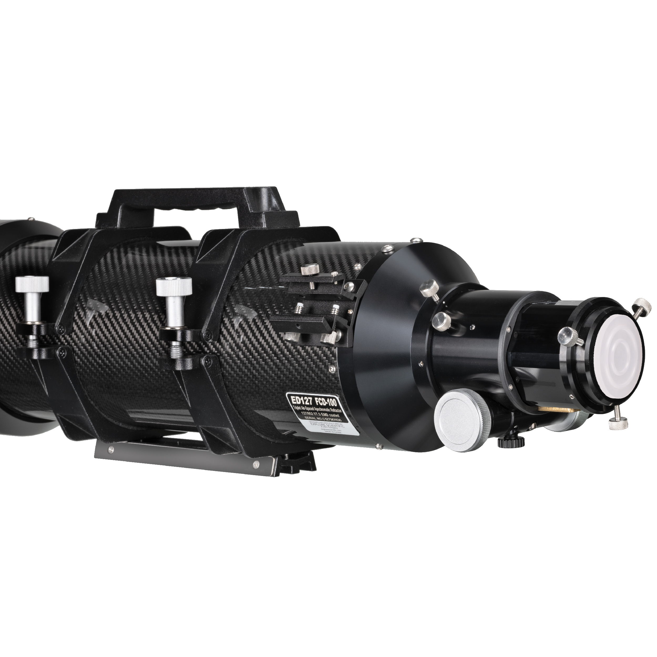 Telescopio de fibra de carbono negra con asa, perillas de metal y placa de montaje sobre fondo blanco.