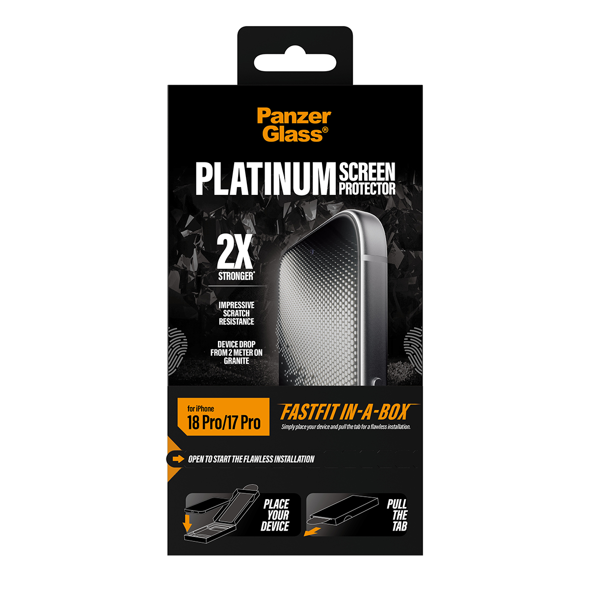iPhone 18 Pro/17 Pro için PanzerGlass Platinum ekran koruyucunun siyah ambalajı.