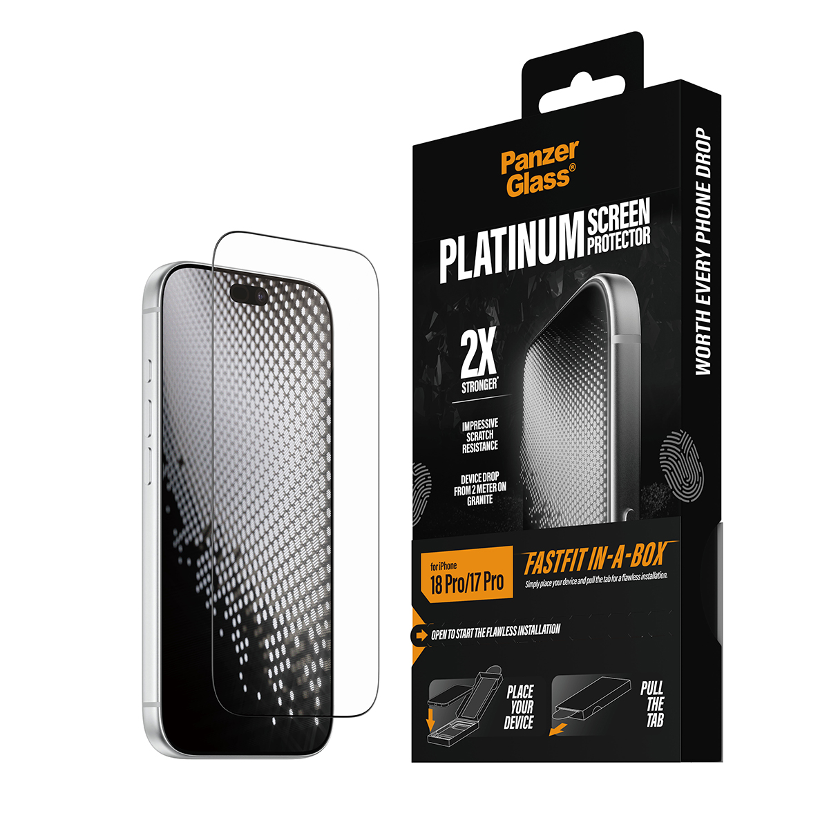 Ekran koruyuculu bir akıllı telefonun yanında PanzerGlass Platinum kutusu.