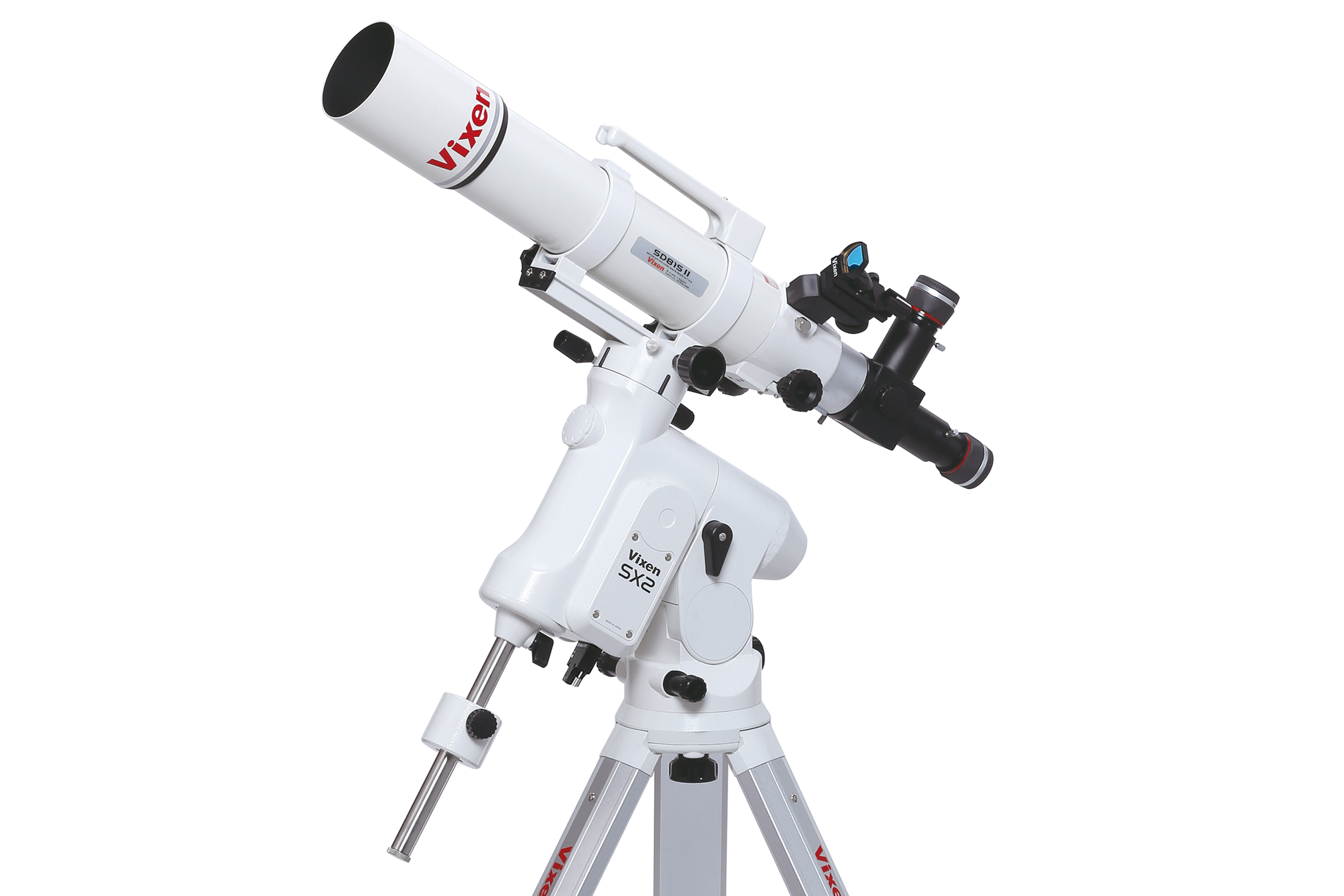Un telescopio Vixen blanco con montura y trípode sobre fondo blanco.